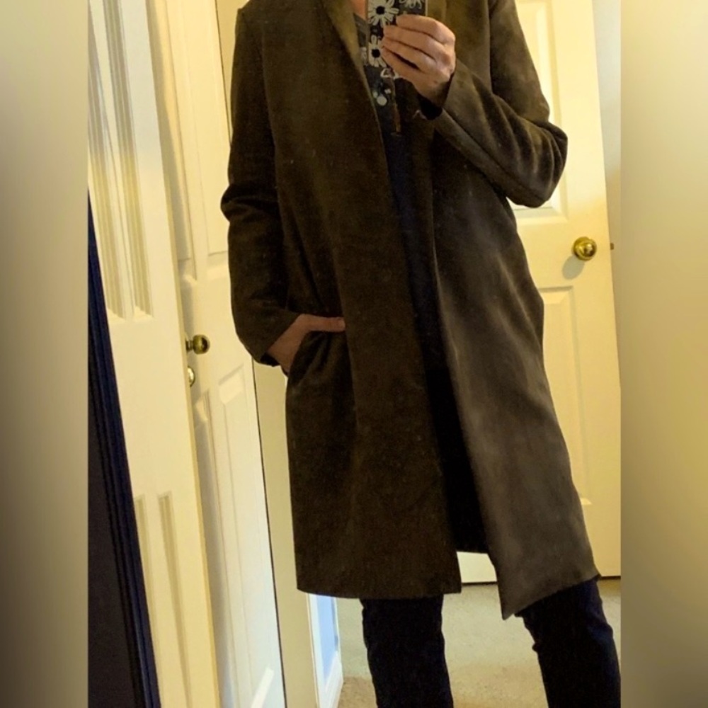 New condition vegan suede long open front coat